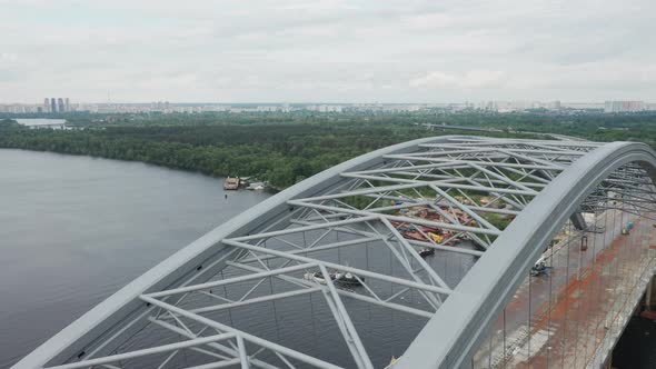 Tied Arch Bridge Construction Yard in Kyiv Drone Aerial