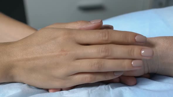 Loving Daughter Holding Sleeping Mothers Hand in Hospital Room, Feeling Worried