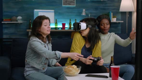 Multiethnic Friends Experiencing Virtual Reality Losing Video Game alt