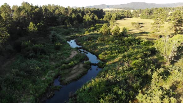 A pan along a mountain stream during a spring morning alt