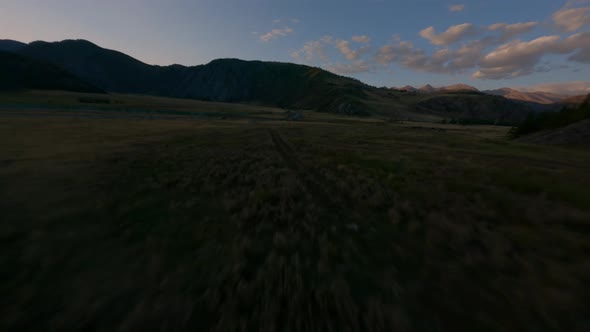 Aerial View Evening Countryside Dark Village in Mountain Valley Majestic Sunset Sunrise Sky alt