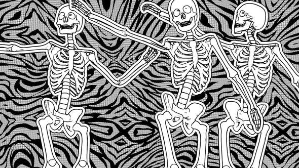 Sexy dancing skeletons halftone cartoon style alt