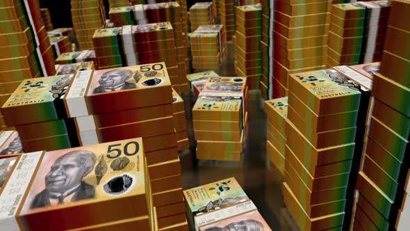 3d flight over the Australian Dollar money banknote packs loop alt