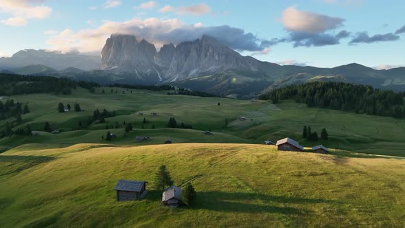 Sunrise on the Seiser Alm in the Dolomites mountains alt