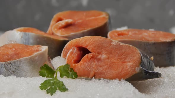 Fresh Salmon Steaks in the Snow Rotate Slowly