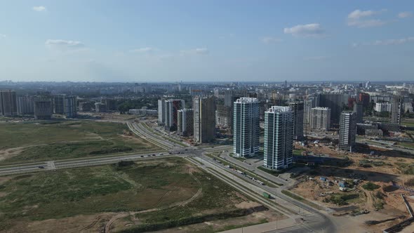 Construction site for a new city block. Construction work is underway.