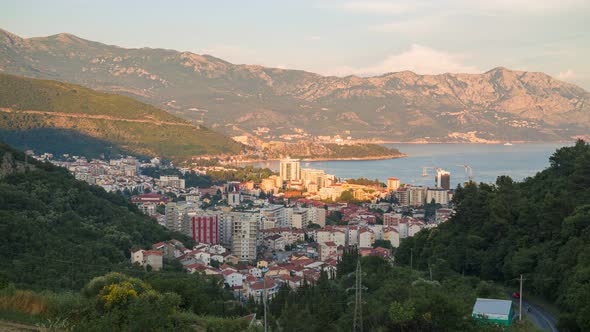 Budva city from above and Adriatic sea coast in Montenegro. 4K time lapse