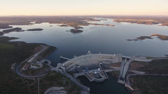 Portuguese Hydroelectric Power Station on the Dam of the Alqueva Lake River Aerial View