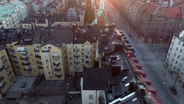 Flying Over Stockholm Rooftops at Sunrise