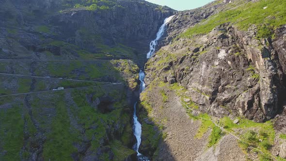 Aerial View of Norwegian Trollstigen Road and Stigfossen Waterfall, Norway alt