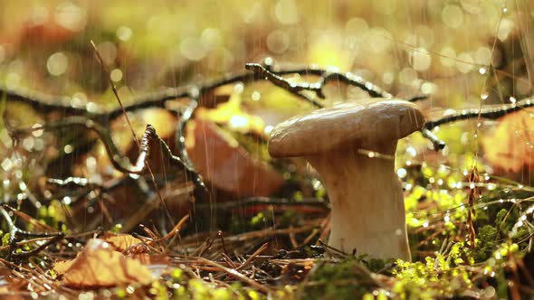 Mushroom Boletus In a Sunny Forest in the Rain alt