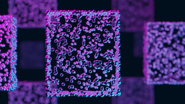 3d render of a molecular substance moving randomly in neon light in the form of a cube. Videos loop