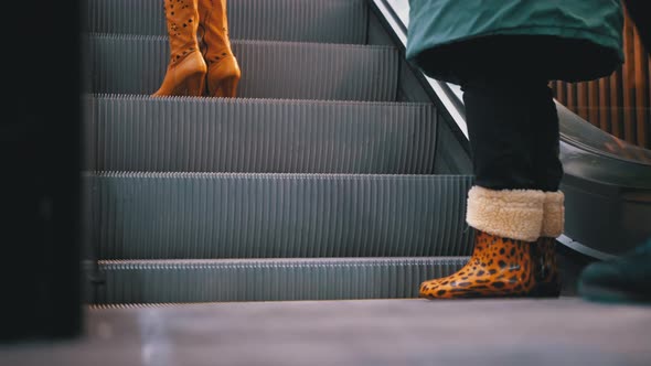 Legs of People Moving on an Escalator Lift in the Mall. Shopper's Feet on Escalator in Shopping alt