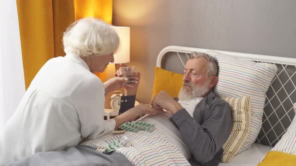 Careful Senior Woman Giving Pills and Cup of Water to Sick Husband
