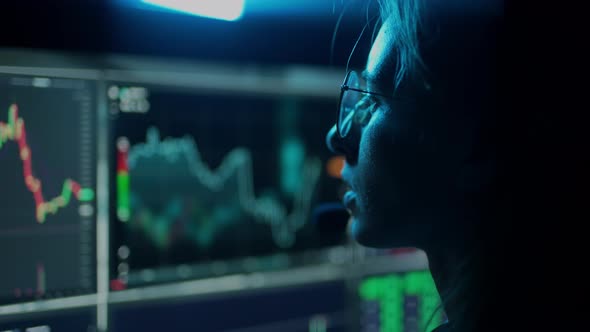 Trader is Working with Multiple Computer Screens with Charts and Data Analysis and Stock Broker alt