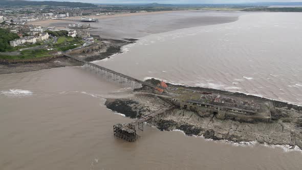 Derelict Birnbeck Pier in Weston Super Mare Aerial View alt