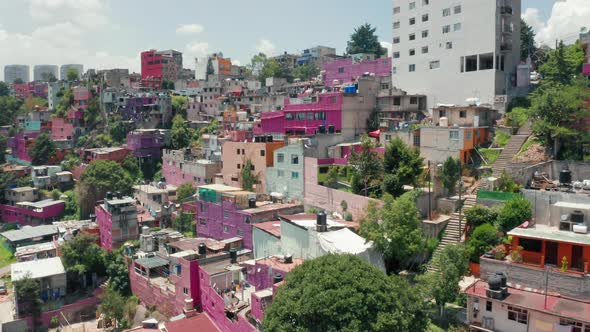 Drone Flying Above the Vibrant Slum District, Aerial Pink Favelas in ...