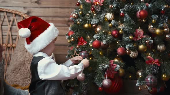 Young Boy in Santa Claus Hat Decorating a Christmas Tree alt