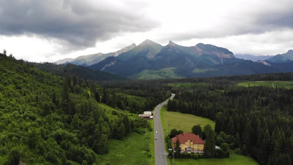 AERIAL: Flying Backwards over Forest Road in Slovakia alt