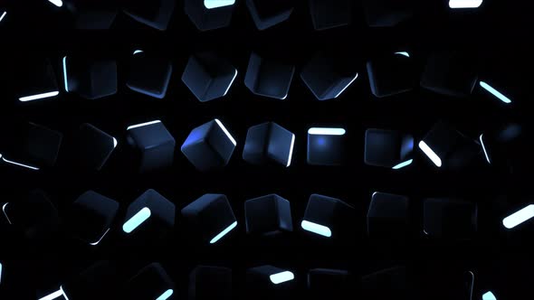 Abstract Loop Background with Cubes Lined Up in Rows on a Plane Blue Neon Lighting of Cubes Smooth alt