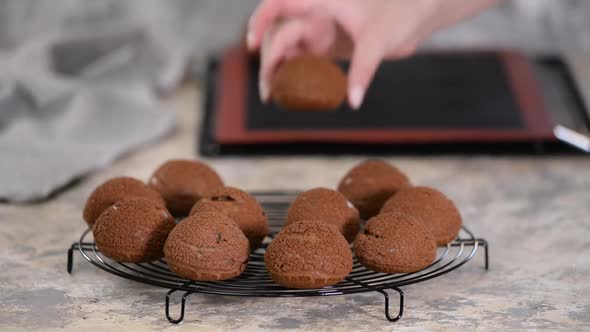 Freshly Baked Chocolate Profiteroles on Cooling Rack. alt