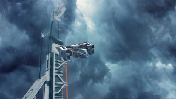 Sci-Fi Dropship Coming in to Land at a Futuristic Outpost During a Storm