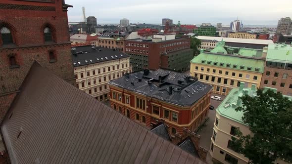 Flying Up Over Church Building in Malmö City Center