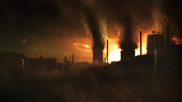 Dystopic Sci-Fi Concept Shot of Heavy Industry Causing Climate Change and Air Pollution