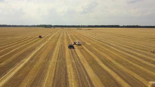 Aerial view: Tractor loading hay bales on the trailer. Cylindrical bundle of hay. Agriculture area alt