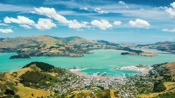 Clouds Motion over Lyttelton Harbour Bay in Beautiful New Zealand Nature Landscape alt