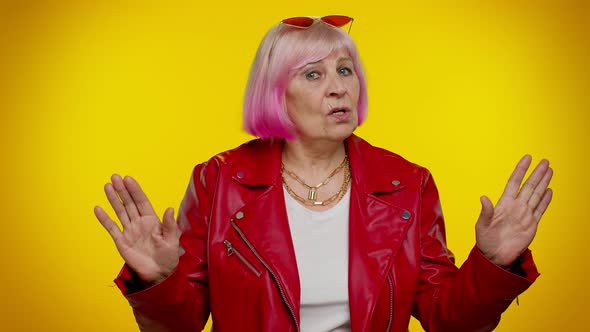 Confused Senior Old Granny Woman Pointing Fingers Himself Ask Say Who Me No Thanks i Do Not Need It alt