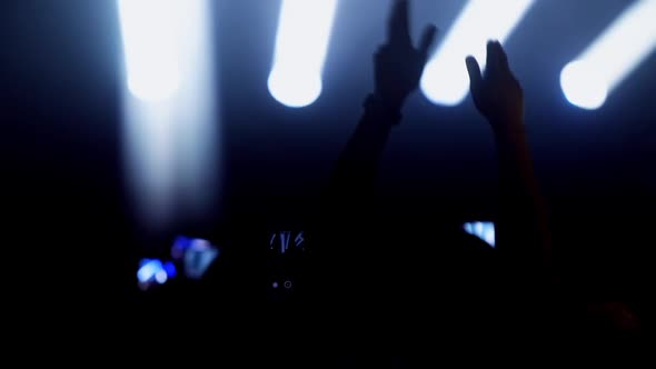 People Crowd Partying At Music Concert Jumping And Clap Their Hands 