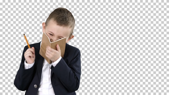 Emotional Positive Little Boy with Notebook Laughing, Alpha Channel alt