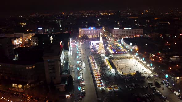 Freedom Square (Kharkiv) aerial night in holidays