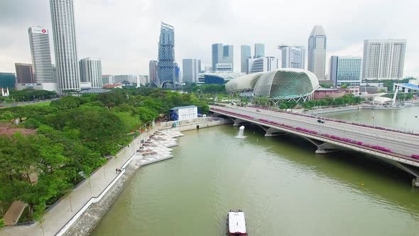 Aerial View of Singapore River Esplanade Bridge and Esplanade - Theatres on the Bay. Singapore