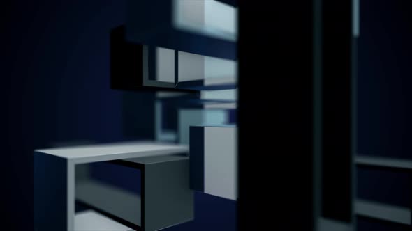 Abstract rectangular construction elements turning on their axis alt