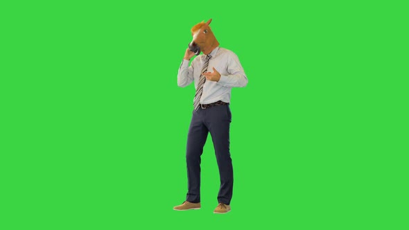 Confident Boss Businessman Man in Horse Mask Phone Call Angry Talk to Worker or Colleague Gesturing