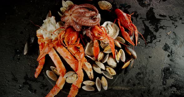 Different Types of Seafood Rotate Slowly