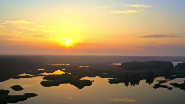 Aerial Video Filming Forest, River, Lake, Body Of Water, Nature Field Sunset Dawn