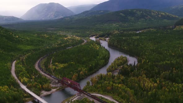 A Freight Train Is Going Through the Forest and Passing Over the River alt