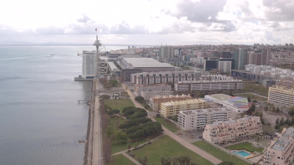 Aerial of Vasco da Gama Tower and other buildings