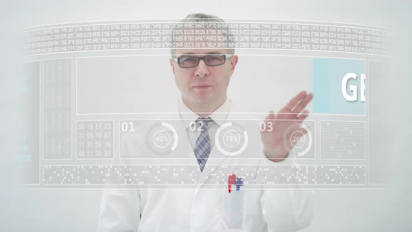 Screen with GENETICS Text in Front of a Scientist alt