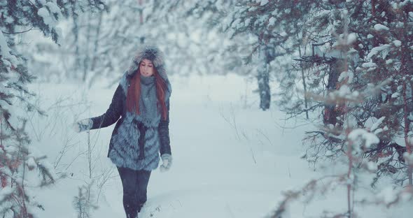 Beautiful Girl Walks Through the Drifts in the Forest. Beautiful Landscape, Snowy Trees alt