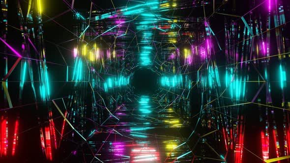 Moving in Futuristic Neon Glow Tunnel with Access to Black Space