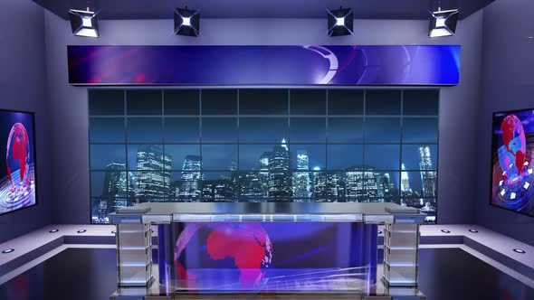 3D Virtual News Studio. Announcer Table With Night City Background And Floodlights 6 alt