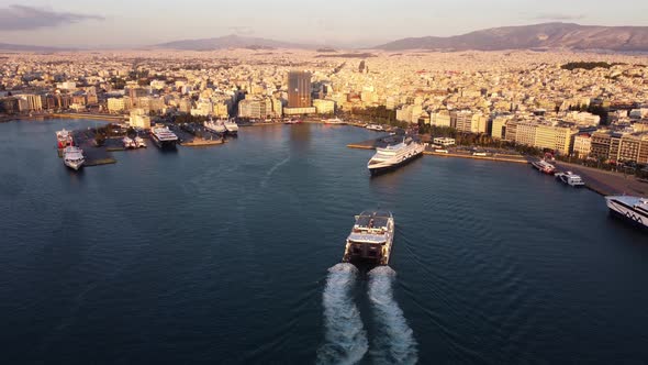 Drone View of Barges Off the Coast of Athens with the City in the Background