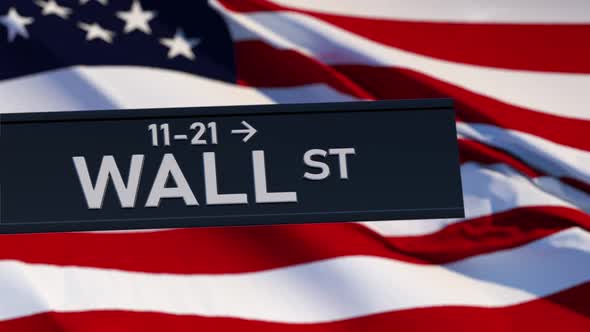 Wall Street Road Sign in New York on the Background of the US Flag