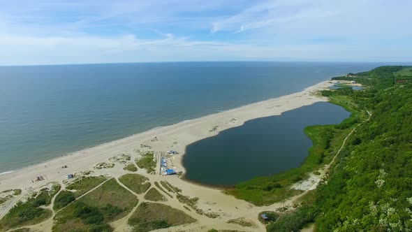 Aerial view of the Baltic coast in Yantarny resort town, Russia alt