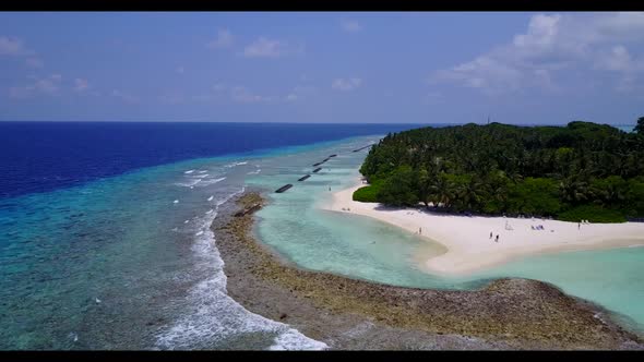 Aerial flying over travel of exotic lagoon beach adventure by blue water and white sandy background  alt
