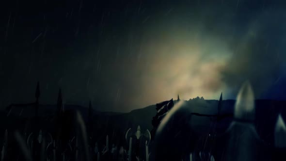 Heavy Armed Medieval Army Marching To War Under Heavy Rain alt